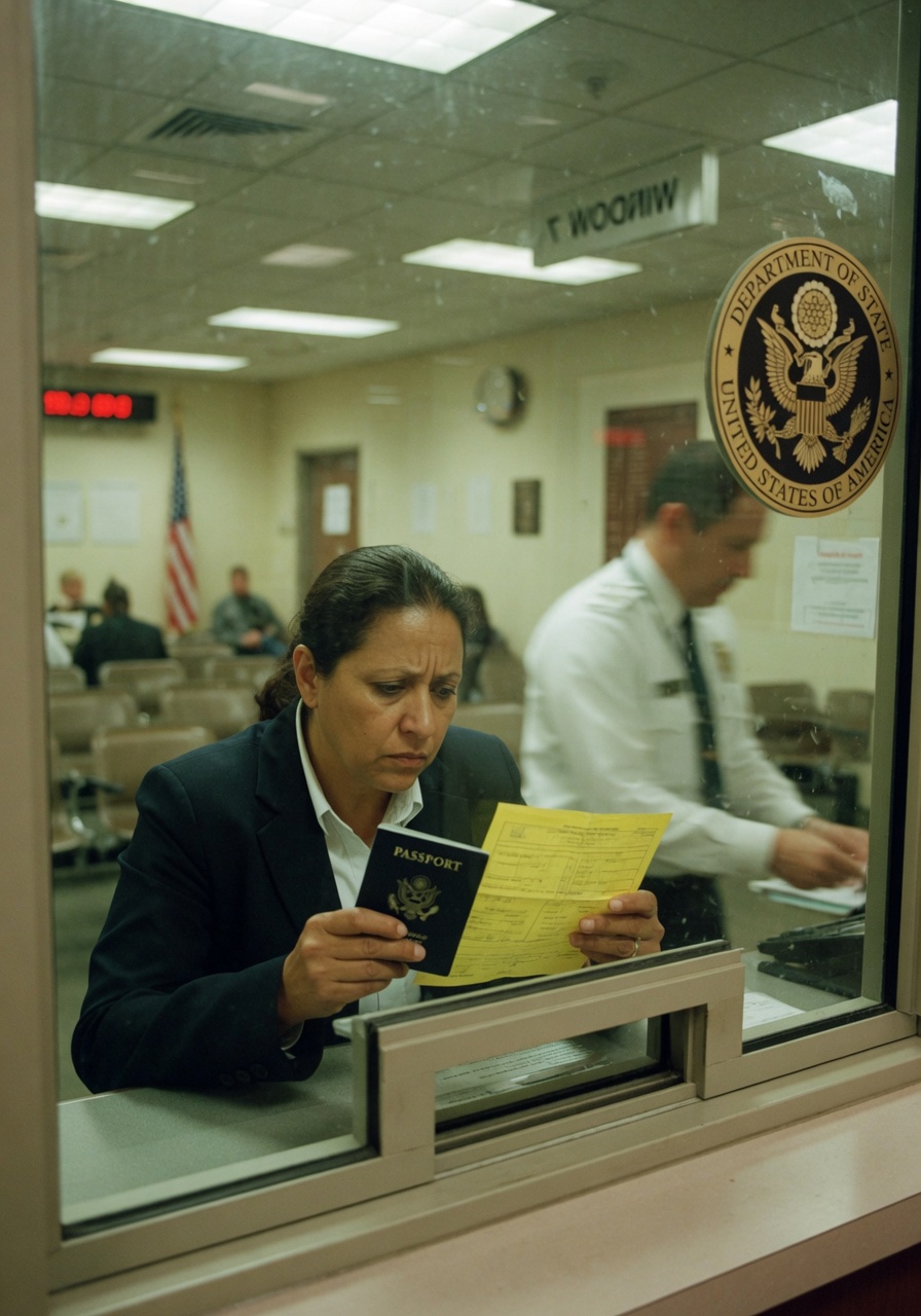 Un solicitante de visa ansioso espera en la ventanilla consular de una embajada de EE. UU. sosteniendo un pasaporte y una hoja amarilla de procesamiento administrativo 221(g), con un oficial consular borroso detrás del cristal.