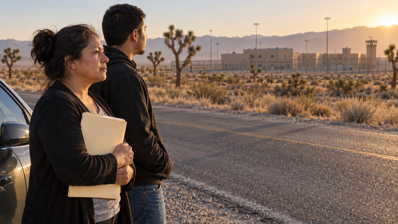 A mother and her adult son stand beside a desert road at sunrise, holding legal papers and looking toward the Adelanto detention complex