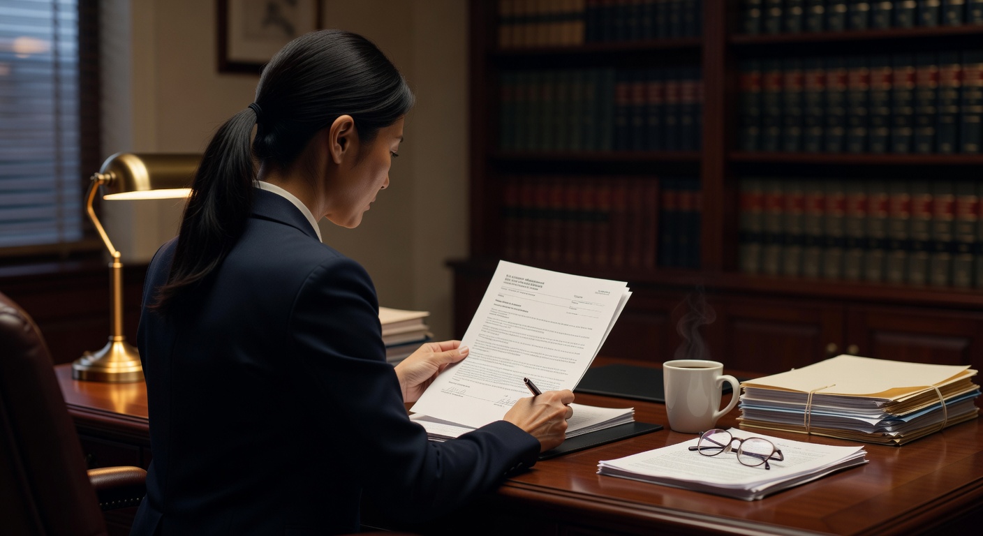 Immigration attorney reviewing asylum freeze policy documents in office