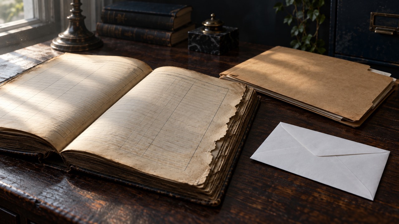 An empty civil registry ledger beside an immigration file and a USCIS notice, illustrating a missing birth record in an adjustment of status case