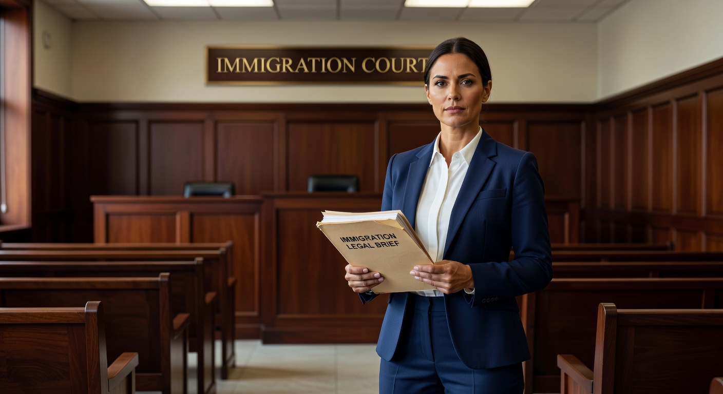 Immigration attorney standing before immigration court building with legal brief