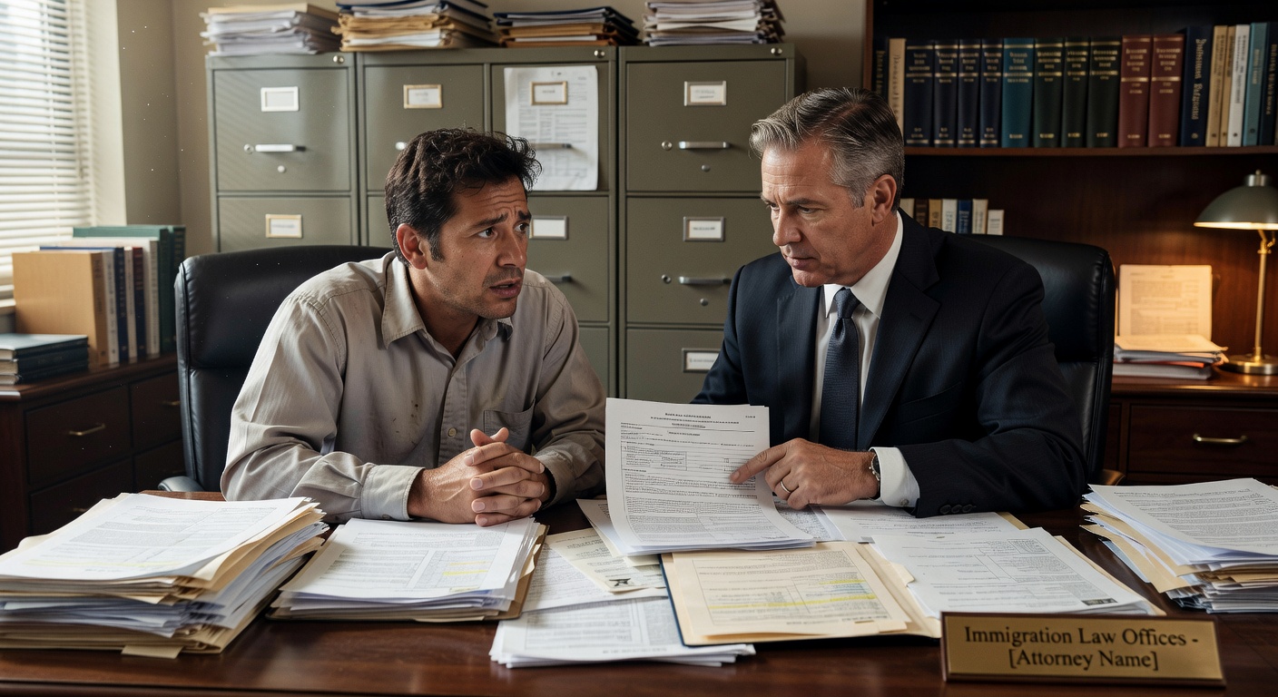 Иммиграционный адвокат изучает документы по убежищу с клиентом