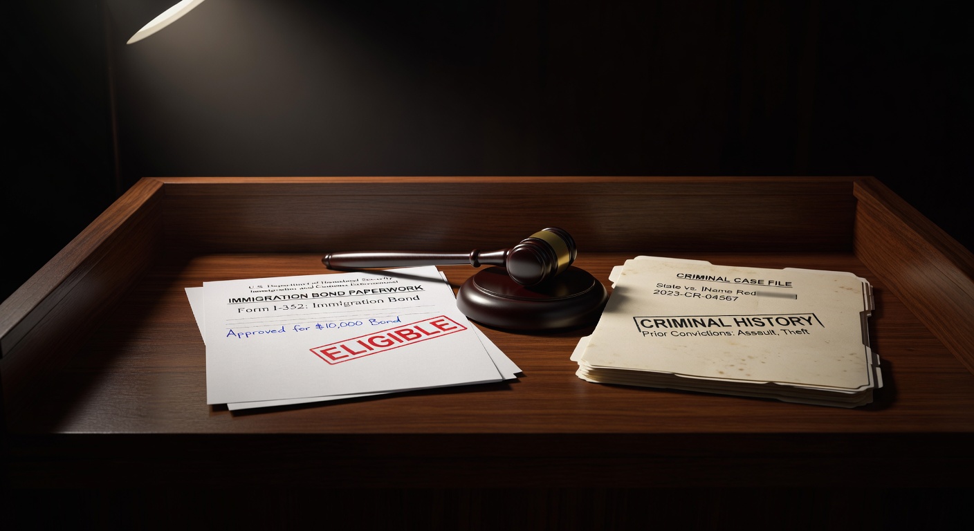 Иммиграциялык күрөө документтеринин жана кылмыш ишинин жанында судьянын отургучундагы балка