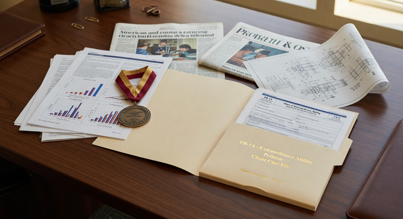 Un expediente de green card por habilidad extraordinaria con medallas de premios, artículos de investigación, recortes de prensa y formularios migratorios sobre el escritorio de un abogado