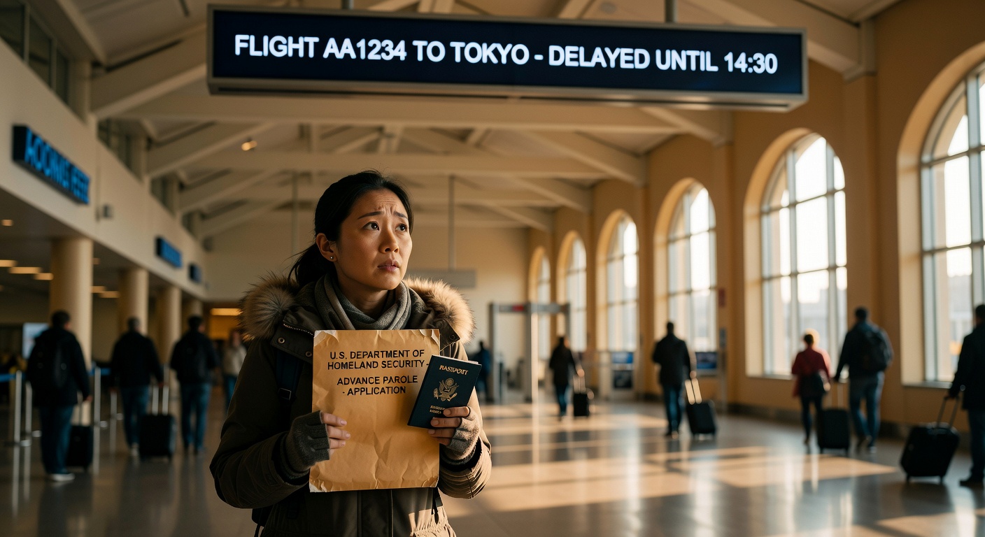 Traveler holding a U.S. passport and advance parole envelope in an airport, facing an urgent family medical emergency while an I-485 is pending