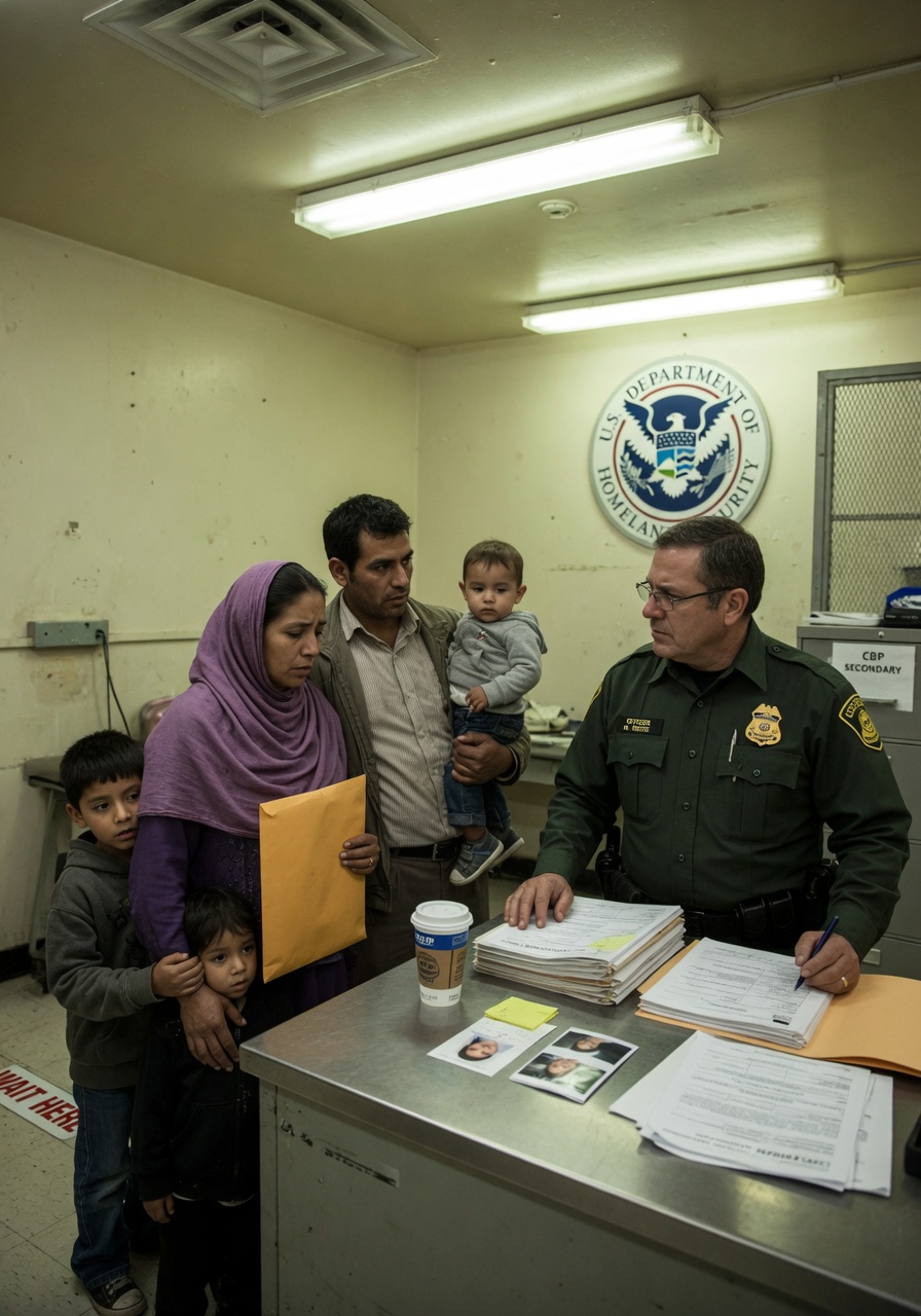 Як оилаи муҳоҷири нигарон дар назди як афсари ҷиддии CBP дар сари мизи металлӣ дар як отоқи коркарди давлатии содда бо мӯҳри расмӣ дар девор истодаанд.