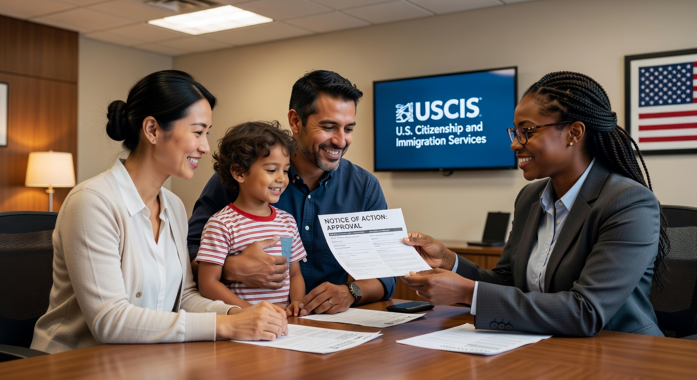 Immigrant family reviewing green card application documents together, representing F2A visa category filing opportunity