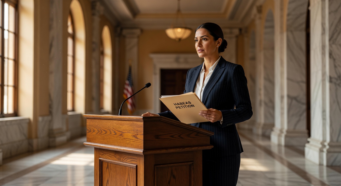 Immigration attorney holding a HABEAS PETITION folder in a federal courthouse hallway