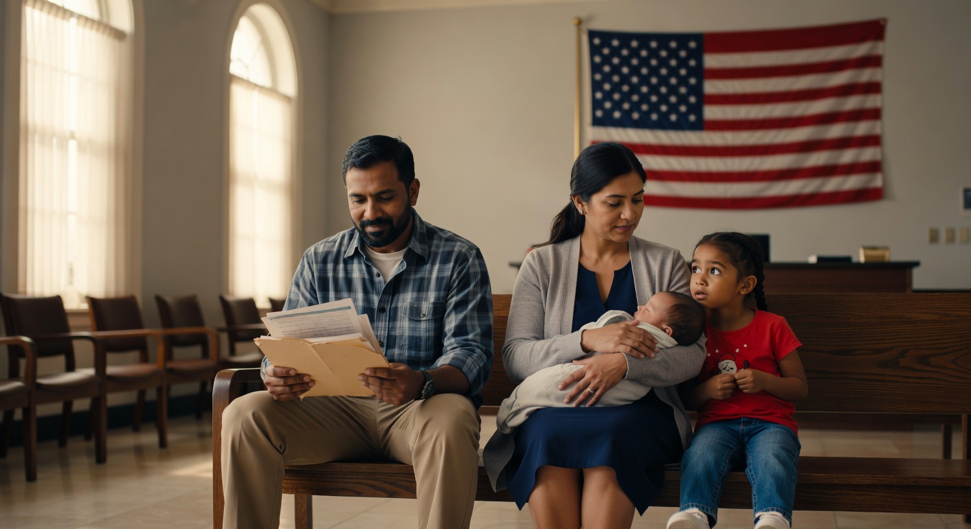 Immigrant family waiting at a U.S. consulate with paperwork during consular processing