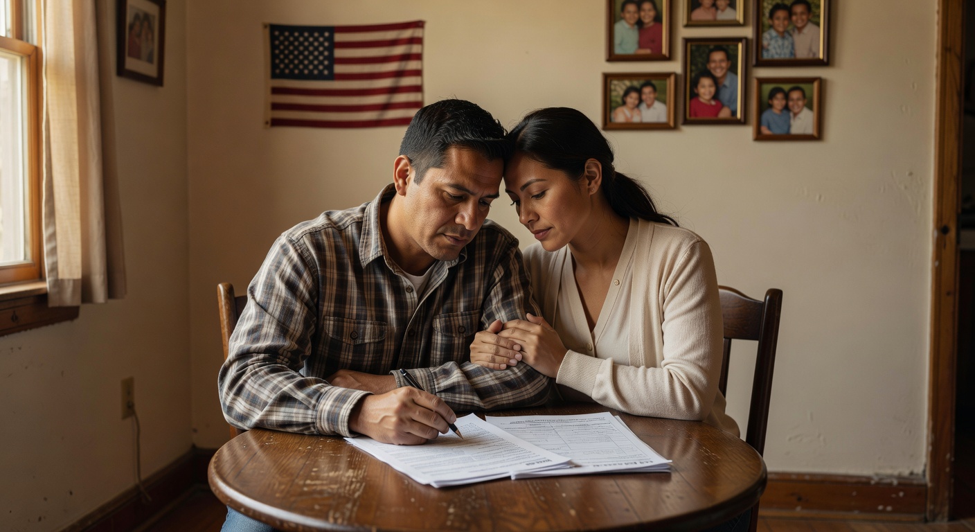 A Latino husband and wife reviewing I-601A waiver paperwork together at their kitchen table in a warmly lit American home
