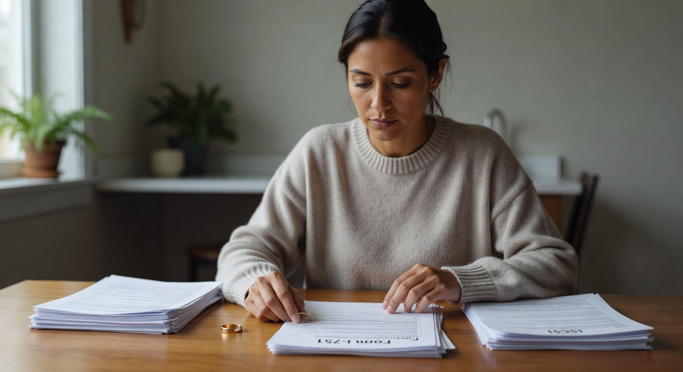 Woman sitting alone at a kitchen table reviewing her I-751 packet and supporting documents after divorce