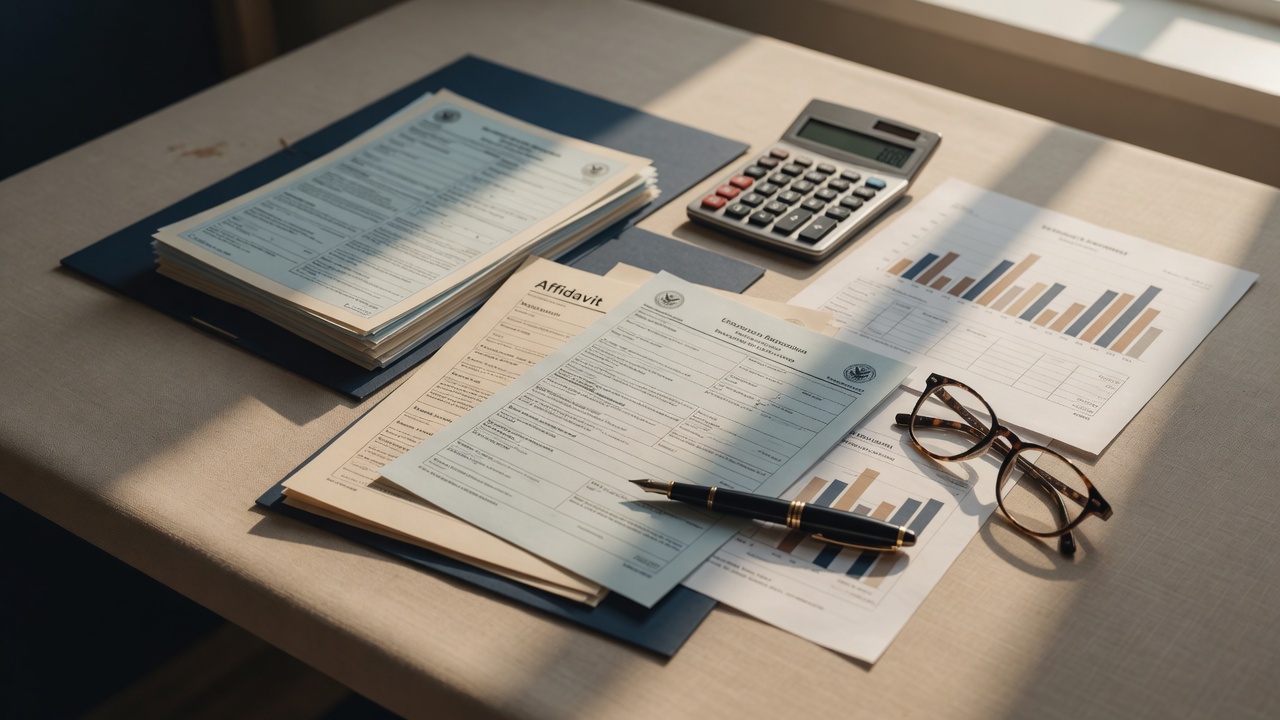 Form I-864 аффидевити дастгирии молиявӣ бо ҳисобкунак, ҳуҷҷатҳои андоз ва қалам рӯи мизи корӣ