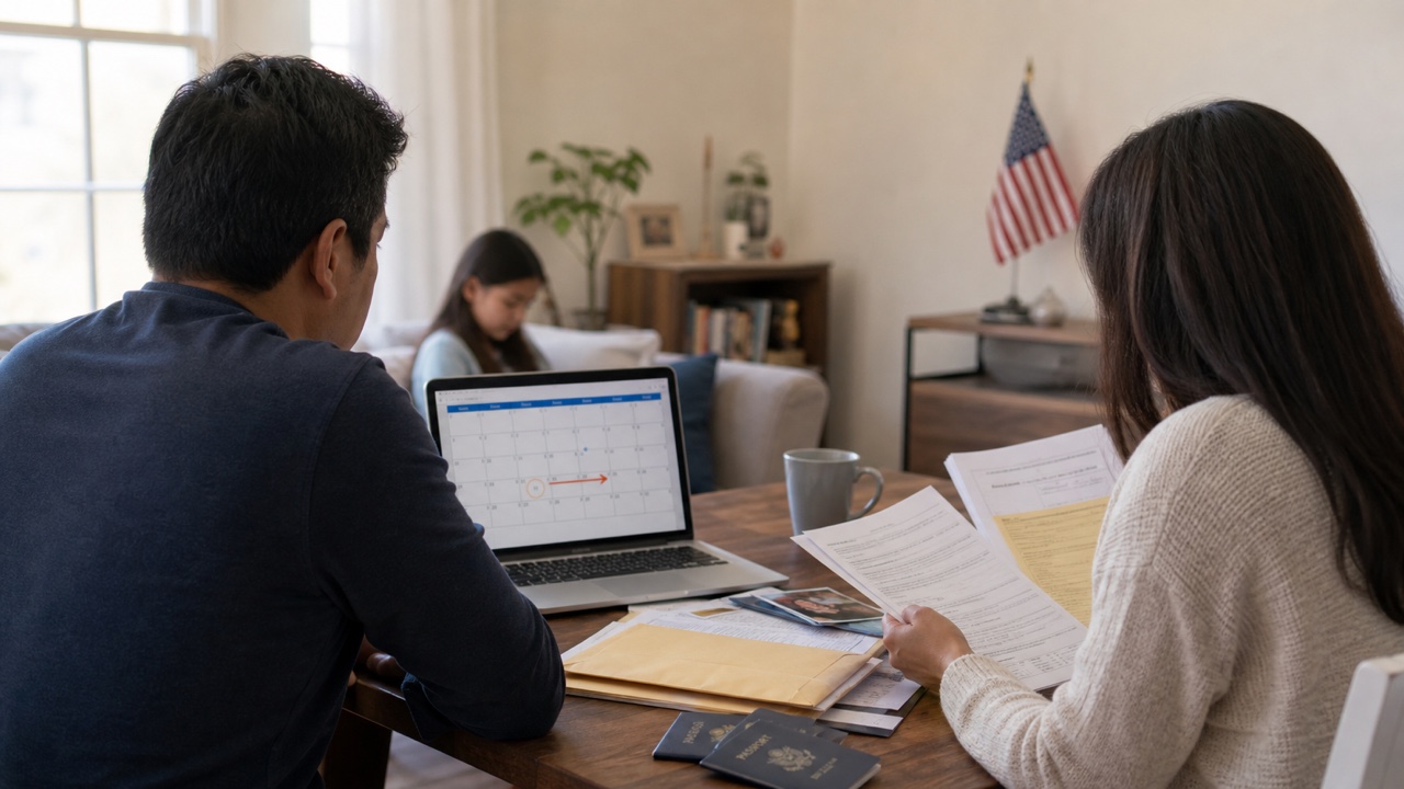 Family reviewing an immigrant visa interview postponement notice and consular documents