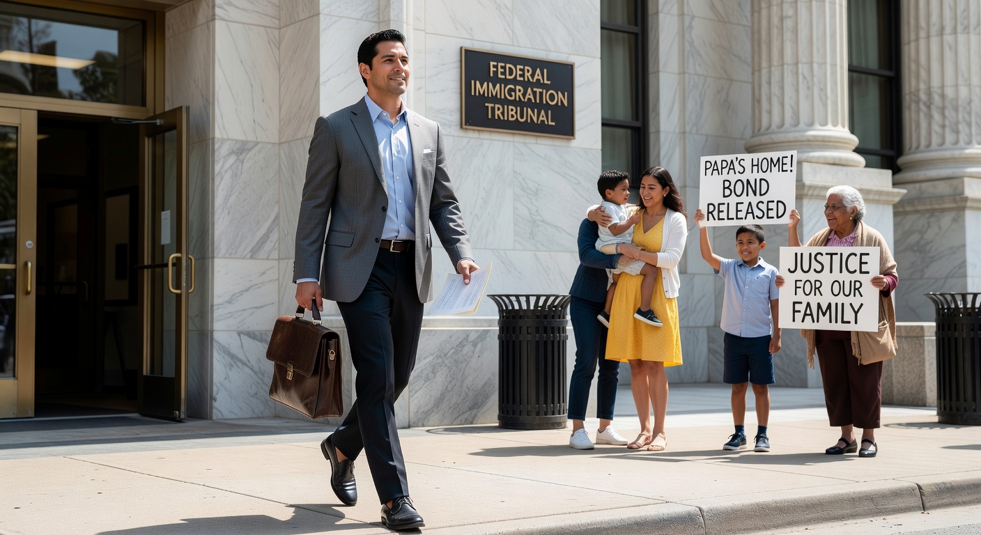 Person walking out of detention facility toward waiting family members