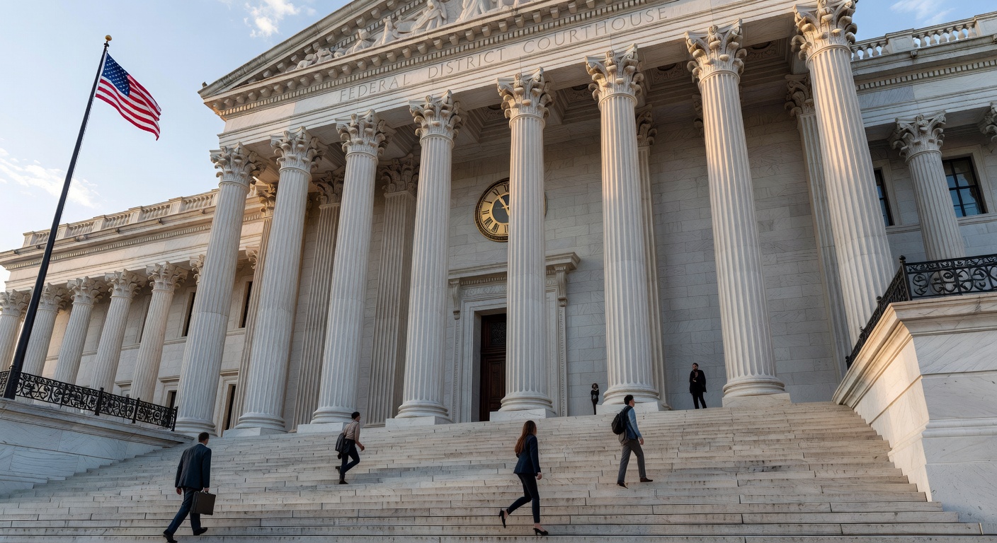 Federal courthouse exterior with classical columns, large clock above the entrance, American flag, late afternoon light