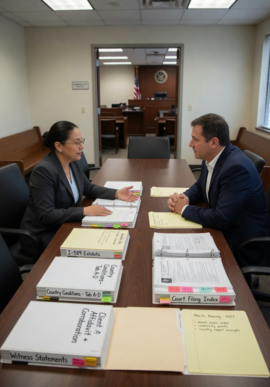 Un abogado de inmigración preparando a un cliente para una audiencia individual de méritos en la corte de inmigración, con carpetas de evidencia y una sala del tribunal al fondo