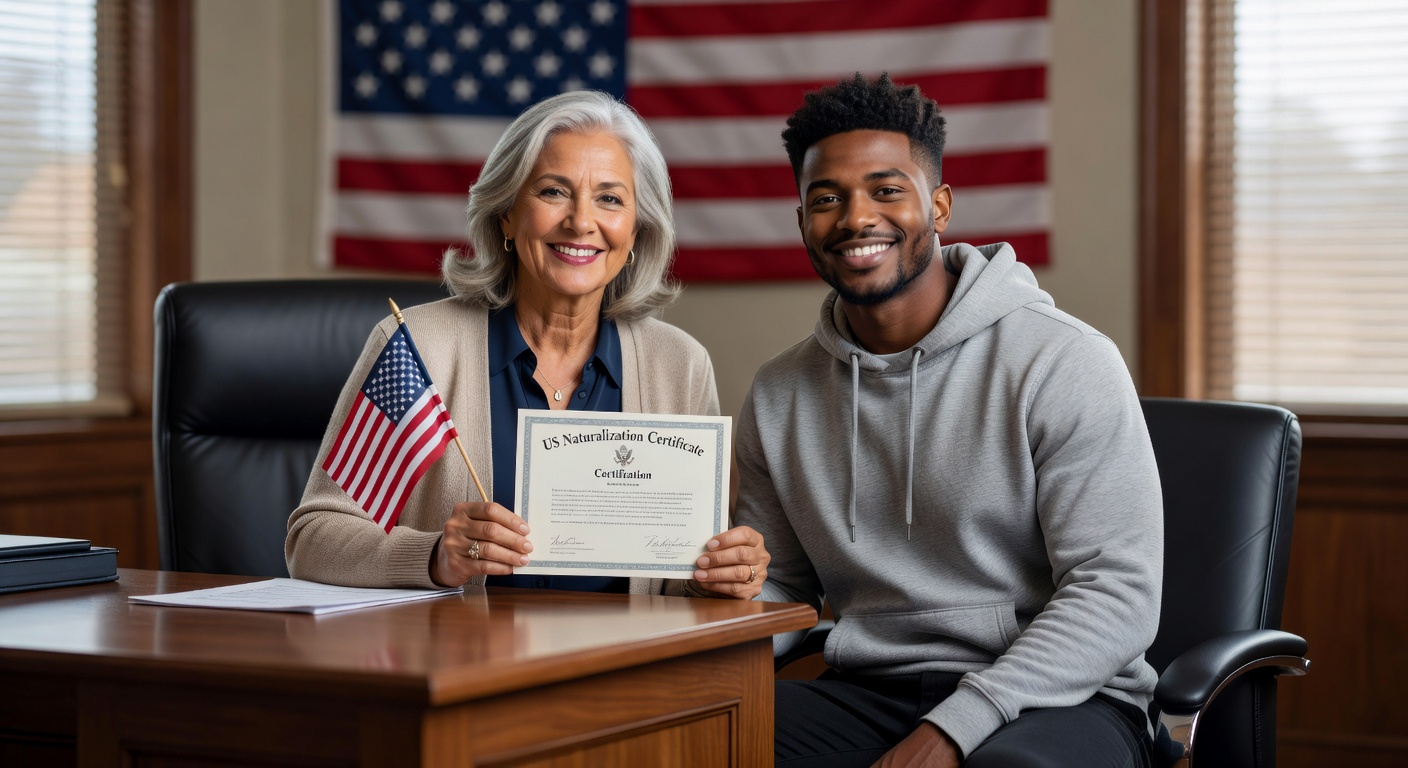 Mother and adult son holding a US naturalization certificate and small American flag at a government office desk