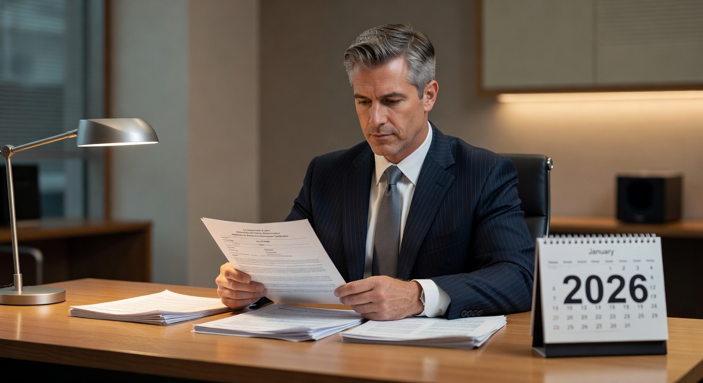HR director at desk reviewing PERM ETA-9089 paperwork next to a 2026 calendar with U.S. Department of Labor letterhead