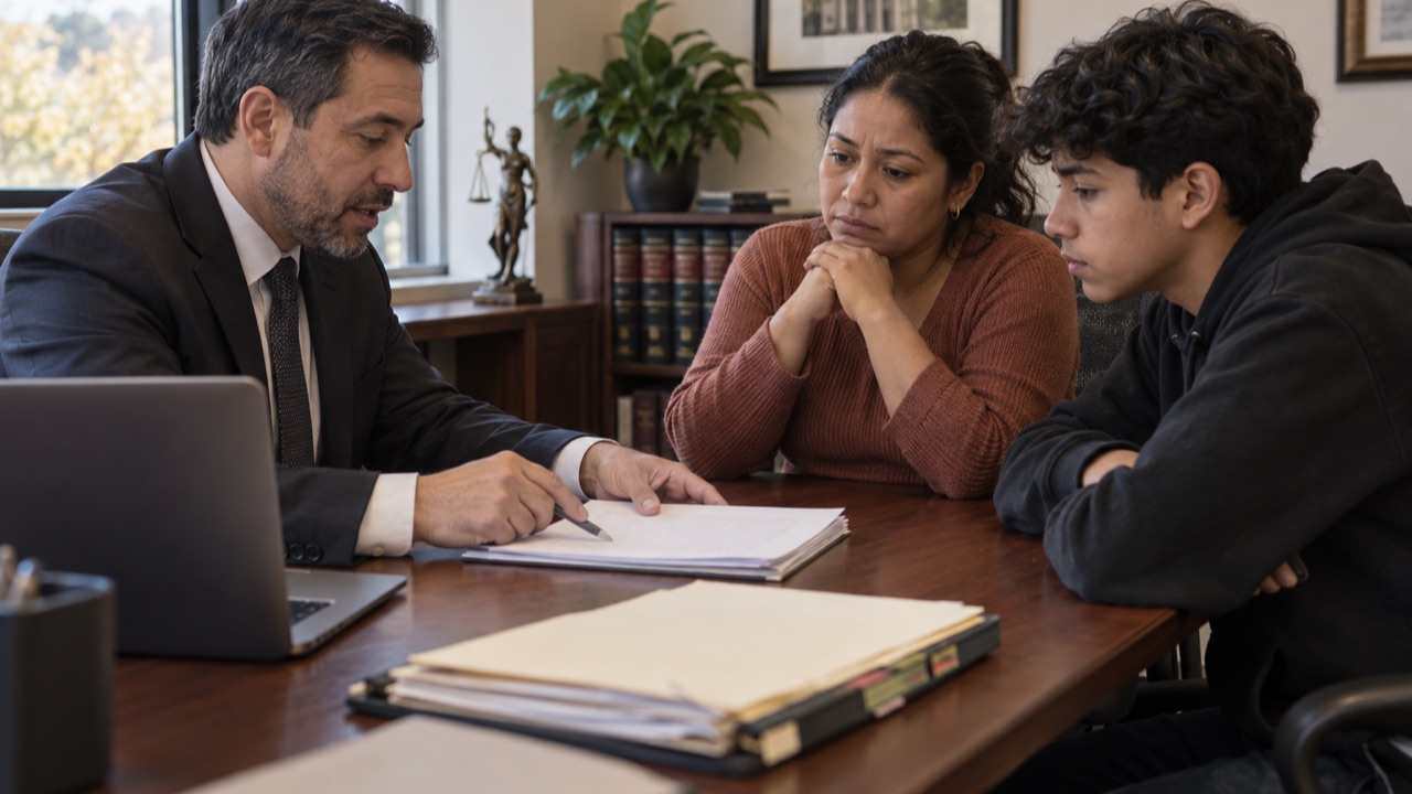 An attorney reviews a bond motion and new evidence with a detained client's family at a conference table