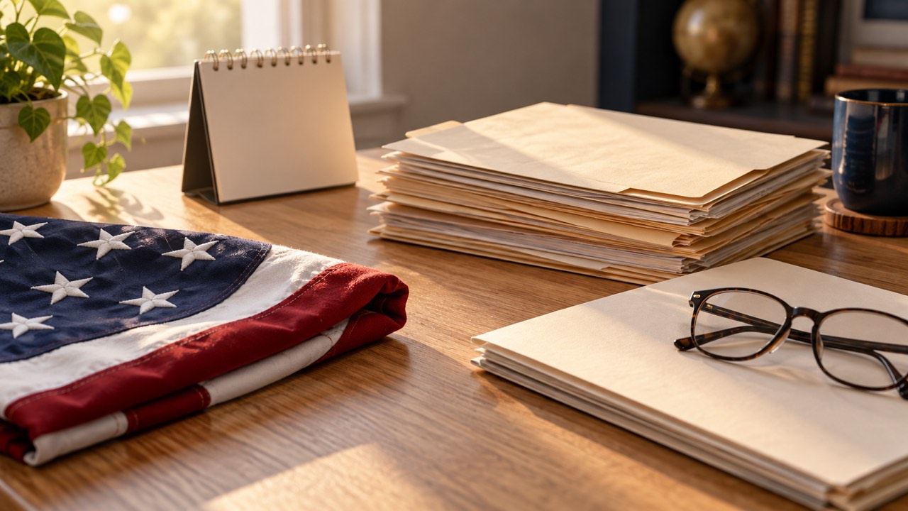 A naturalization certificate and a family immigration file on a desk beside a calendar, representing a pending green card case after a spouse becomes a U.S. citizen