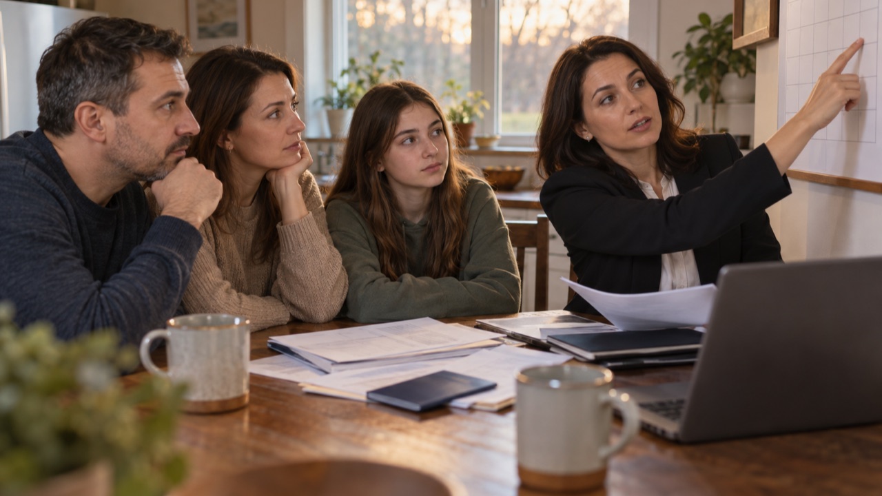 A Ukrainian family reviews immigration documents and a calendar marked October 19 with an attorney