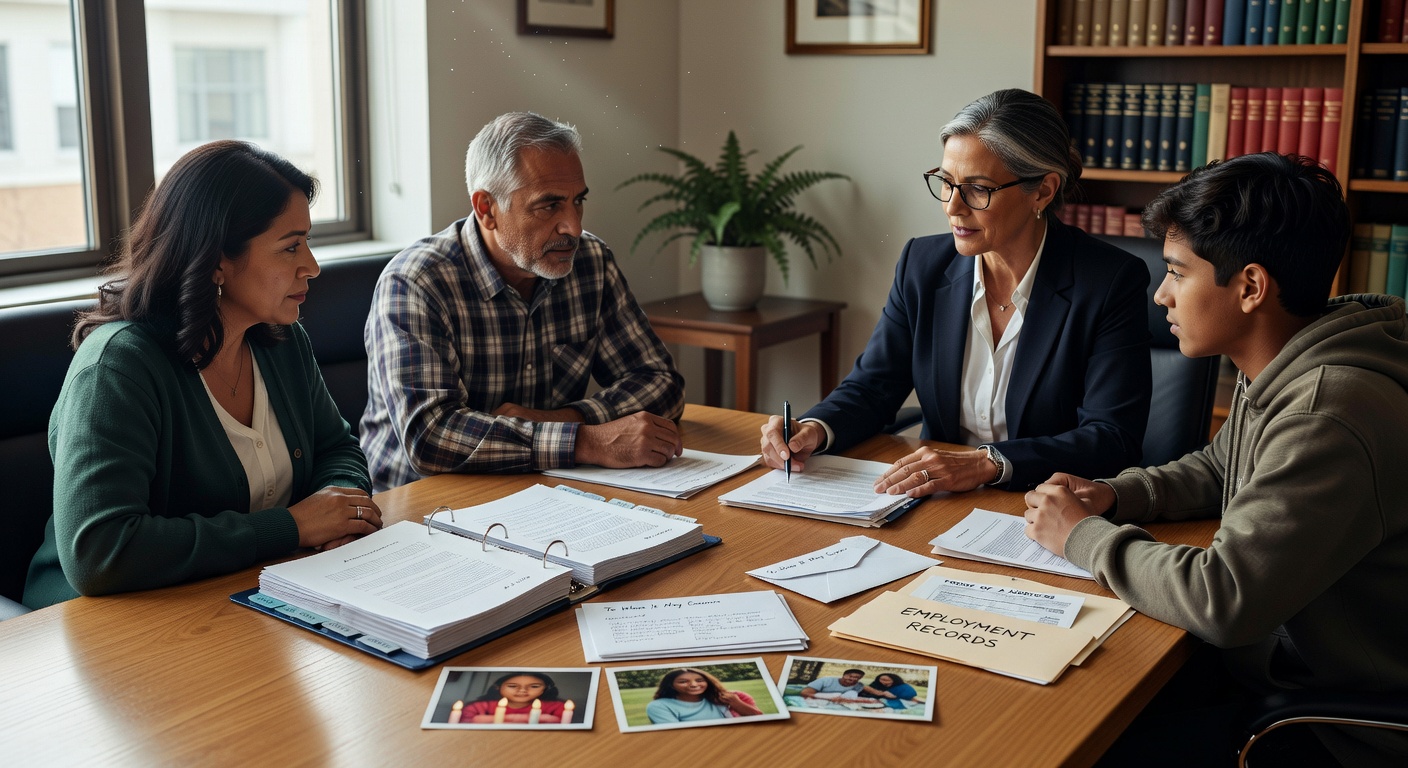 Abogado de inmigración revisando pruebas para una audiencia de fianza con una familia en su oficina